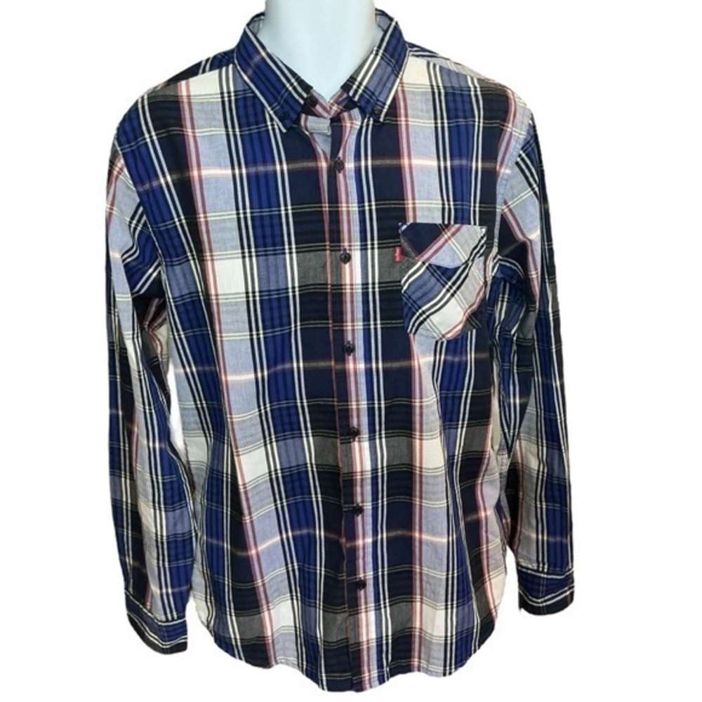 Levi's Navy and White Plaid Button Down Shirt Long Sleeve Mens Size Medium